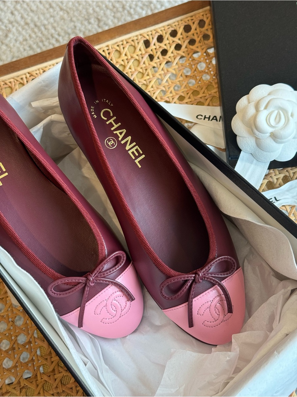 CHANEL Burgundy and Pink Leather Cap-Toe Ballet Flats